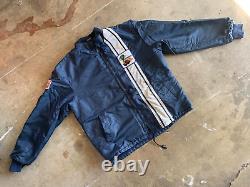 80s VINTAGE FORD COBRA NAVY STRIPED RALLY RACING JACKET SZ L FLEECE LINED 70s