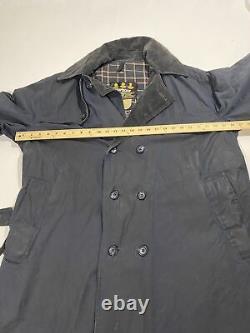 Barbour Vintage 90s Wax Trench Coat Navy Blue Mens Waxed Jacket Size 44 AG6