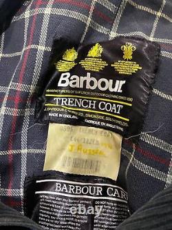 Barbour Vintage 90s Wax Trench Coat Navy Blue Mens Waxed Jacket Size 44 AG6