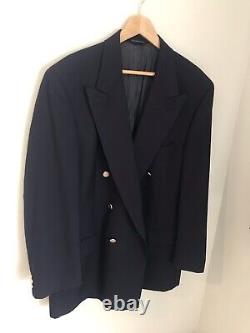 Burberry's Vintage Mens 46R Double Breasted Navy Blue Gold Metal Buttons Unique