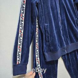 FILA Velour Tracksuit Vintage Mens Size L Navy Blue Logo Trim Hooded Jacket Pant