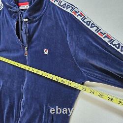 FILA Velour Tracksuit Vintage Mens Size L Navy Blue Logo Trim Hooded Jacket Pant