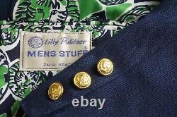 Lilly Pulitzer Mens Stuff VINTAGE Navy Blue Gold Lion Button Palm Sport Coat 40R