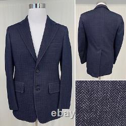 Men's Vintage 36R Herringbone Navy Blue 2-Button Single Vent Blazer Jacket Coat