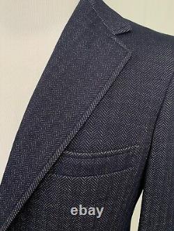 Men's Vintage 36R Herringbone Navy Blue 2-Button Single Vent Blazer Jacket Coat