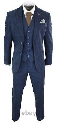 Mens 3 Piece Navy Blue Suit Tweed Check 1920's Tailored Fit Vintage