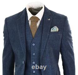 Mens 3 Piece Navy Blue Suit Tweed Check 1920's Tailored Fit Vintage