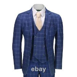 Mens 3 Piece Navy Check Suit Retro Vintage Smart Tailored Fit Classic Formal
