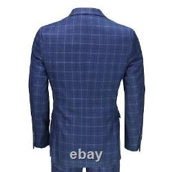 Mens 3 Piece Navy Check Suit Retro Vintage Smart Tailored Fit Classic Formal