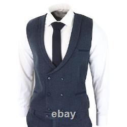 Mens 3 Piece Tweed Suit Blue Herringbone Double Waistcoat Classic Vintage Shelby