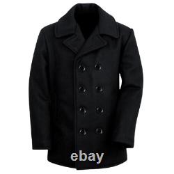 Mens Black US Navy Vintage Pea Coat Winter Warm Style Woolen Overcoat