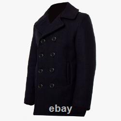 Mens Black US Navy Vintage Pea Coat Winter Warm Style Woolen Overcoat