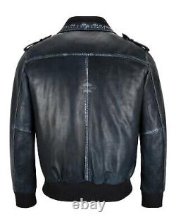 Mens Bomber Jacket Navy Vintage Washed Lambskin Classic Pilot Aviator