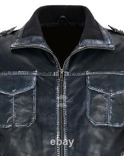 Mens Bomber Jacket Navy Vintage Washed Lambskin Classic Pilot Aviator