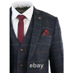 Mens Navy Blue Wine Check Herringbone Tweed Vintage 3 Piece New Marc Darcy Suit