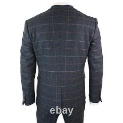 Mens Navy Blue Wine Check Herringbone Tweed Vintage 3 Piece New Marc Darcy Suit