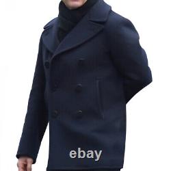 Mens Navy Double Breasted Winter Warm Military Casual Business Vintage Wool Coat