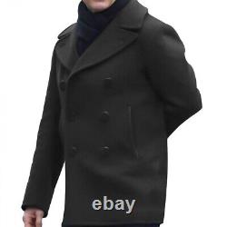 Mens Navy Double Breasted Winter Warm Military Casual Business Vintage Wool Coat