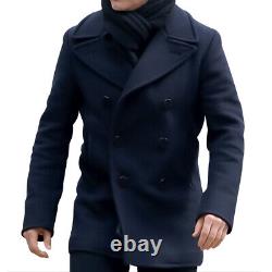 Mens Navy Double Breasted Winter Warm Military Casual Business Vintage Wool Coat