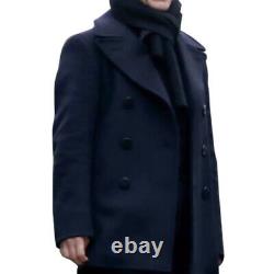 Mens Navy Double Breasted Winter Warm Military Casual Business Vintage Wool Coat