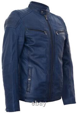 Mens Navy Leather Jacket Vintage Quilted Retro Racing Zipped Biker