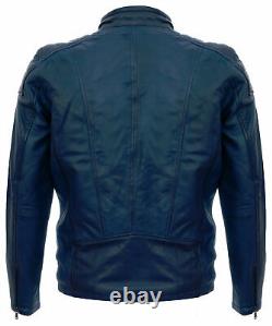 Mens Navy Leather Jacket Vintage Quilted Retro Racing Zipped Biker