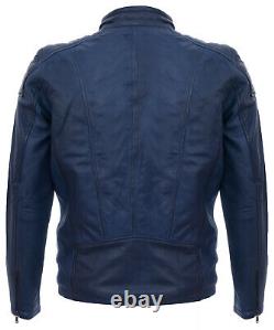 Mens Navy Leather Jacket Vintage Quilted Retro Racing Zipped Biker