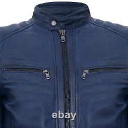 Mens Navy Leather Jacket Vintage Quilted Retro Racing Zipped Biker