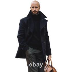 Mens Navy Tailored Collar Winter Double-breasted Wool Pea coat Thicken Vintage