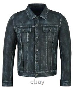 Mens Trucker Jacket Navy Vintage Real Leather Bikers Classic Western Jacket 1280