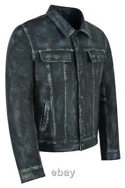 Mens Trucker Jacket Navy Vintage Real Leather Bikers Classic Western Jacket 1280