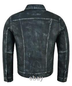 Mens Trucker Jacket Navy Vintage Real Leather Bikers Classic Western Jacket 1280