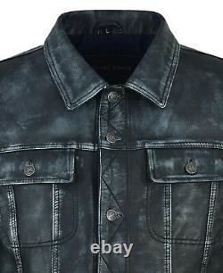 Mens Trucker Jacket Navy Vintage Real Leather Bikers Classic Western Jacket 1280