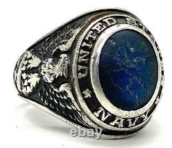Mens Vintage Blue United States Navy Eagle Stars Sterling Silver 925 Ring Size 9