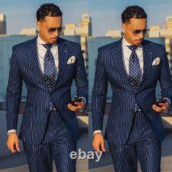Navy Blue Striped Mens Suit Slim Fit Tuxedos Groom Business Party Wedding Suit