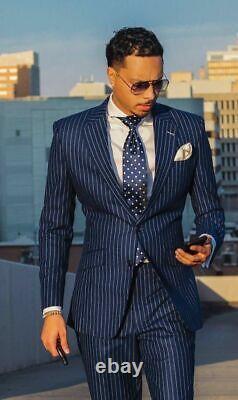 Navy Blue Striped Mens Suit Slim Fit Tuxedos Groom Business Party Wedding Suit