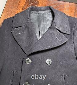 U. S. NAVY Vintage WWII Wool Military Corduroy Pocket Double Breasted Peacoat 36R