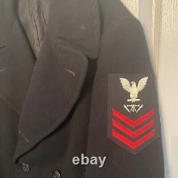 VINTAGE US Navy Mens Peacoat Wool 40R fire controlman insignia coat 100% wool