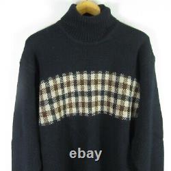 Vintage Aquascutum Mens XL Navy Blue Brown Check 100% Wool Turtleneck Sweater