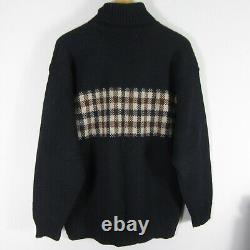 Vintage Aquascutum Mens XL Navy Blue Brown Check 100% Wool Turtleneck Sweater