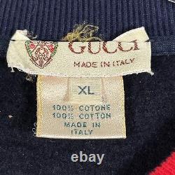 Vintage Gucci Mens Sweatshirt Size XL Navy Blue Red Trim Embroidered Logo Cotton