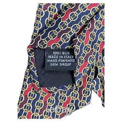 Vintage Gucci Tie Mens Navy Blue Red Gold Chainlink Logo Silk Necktie Classic