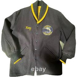 Vintage Harbor Sportsmen Sport Fishing Letterman's Jacket Navy Blue Wool Medium