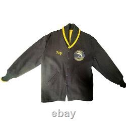 Vintage Harbor Sportsmen Sport Fishing Letterman's Jacket Navy Blue Wool Medium