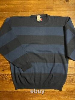Vintage Mens New Tommy Hilfiger Navy Stripe Cotton Crew Neck Sweater Size Large