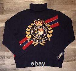 Vintage Polo Ralph Lauren Crest Crown Wool Turtleneck Sweater Navy Mens 2XL