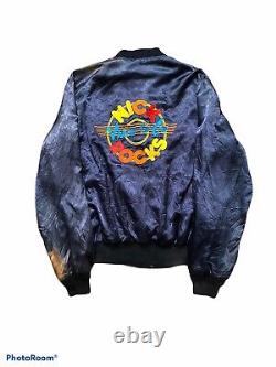 Vintage VTG 70s 80s 90s Nickelodeon Rocks Navy Satin Bomber Jacket Large 23x27.5