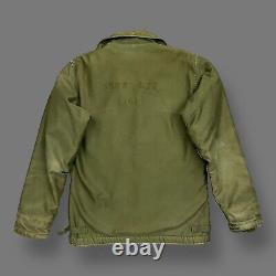 Vtg 60s US Navy A2 Deck Jacket USN Stencil Military Coat Distressed Green S/M